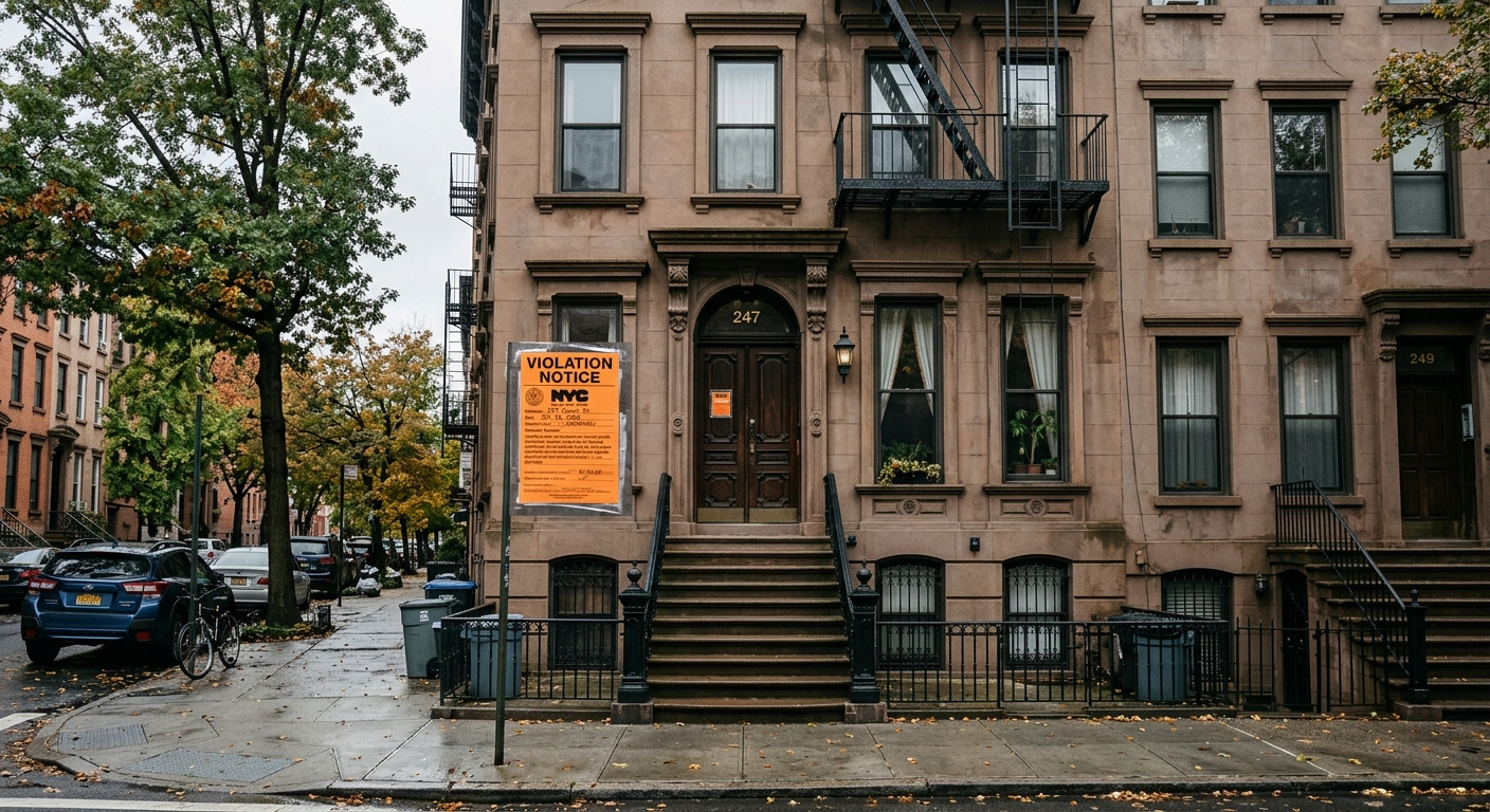 Brownstone building with an orange Violation Notice posted near the front door; wet sidewalk, autumn trees, and parked cars on the street.