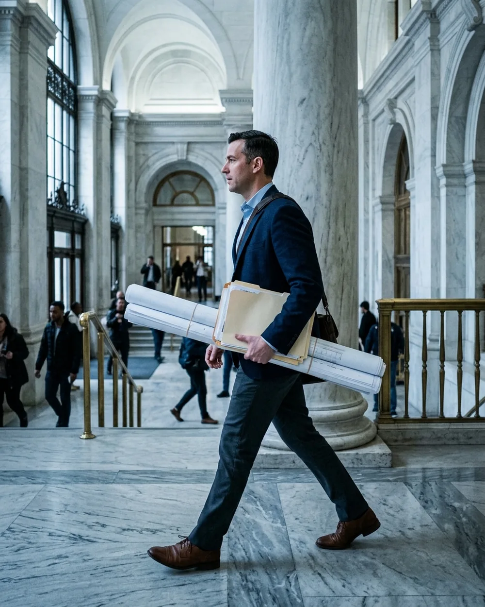Man in a navy suit walks through a grand marble hall, carrying rolled blueprints and a tan folder under his arm.