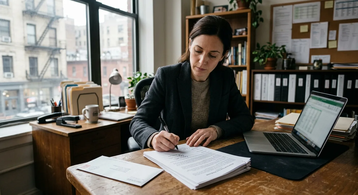 Property manager signing an HPD property registration form at a desk in a New York City office