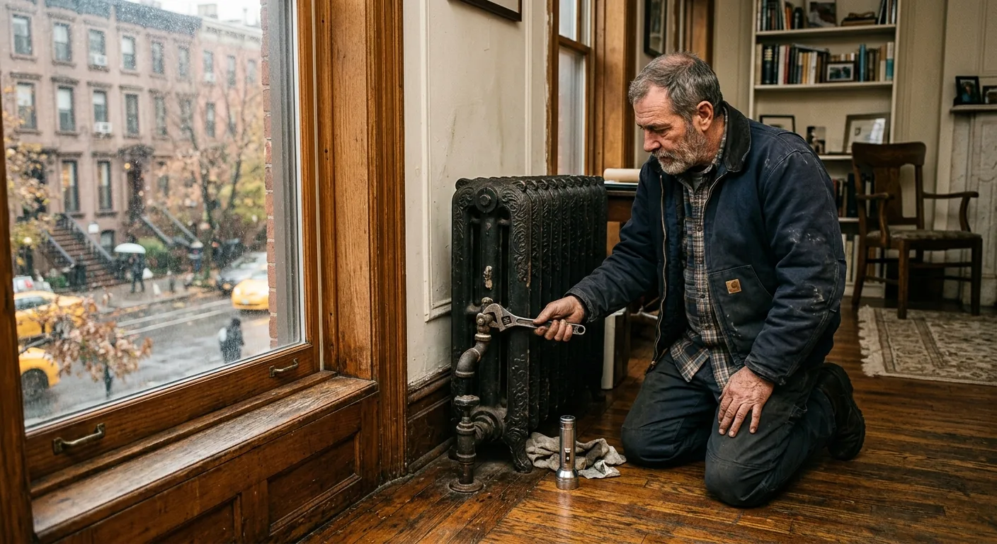 Building superintendent checking a cast iron steam radiator in a pre-war NYC apartment during heat season